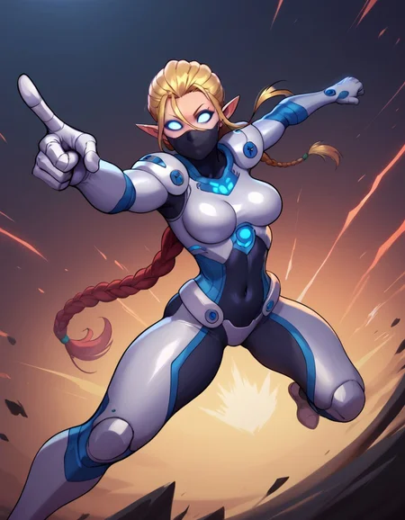 score_9, score_8_up, score_7_up, score_6_up, blackmyst-dh BREAK, dynamic angle, dynamic pose, action pose, long hair, breasts, 1girl, armor, medium breasts, navel, medium breasts, very long hair, single braid, pointy ears, bodysuit, mask, glowing, pointing, braided ponytail, mouth mask, no pupils, blank eyes, science fiction  <lora:Artist_Style_-_Blackmyst_Drowtales_PDXL:0.7>
