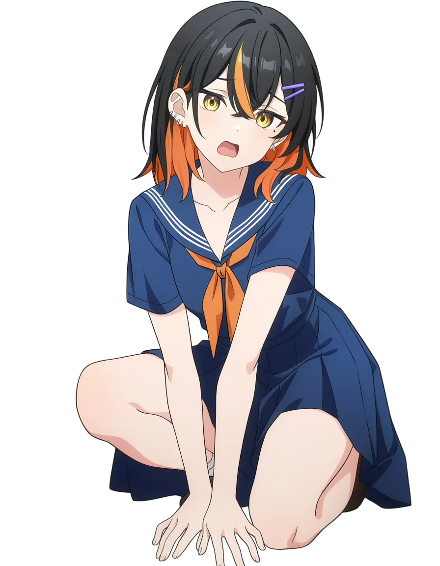 simple background,white background,looking at viewer,full body,open mouth,blue serafuku,blue sailor,sailor collar,sailor skirt,armpit cutout,
<lora:naina_noob:0.6>,naina,1girl,solo,black hair,multicolored hair,hairclip,hair ornament,yellow eyes,blonde hair,mole under eye,mole,ear piercing,collarbone,medium hair,hair between eyes,piercing,bangs,orange hair,streaked hair,two-tone hair,jewelry,anime screencap,
masterpiece,best quality,very aesthetic,absurdres,