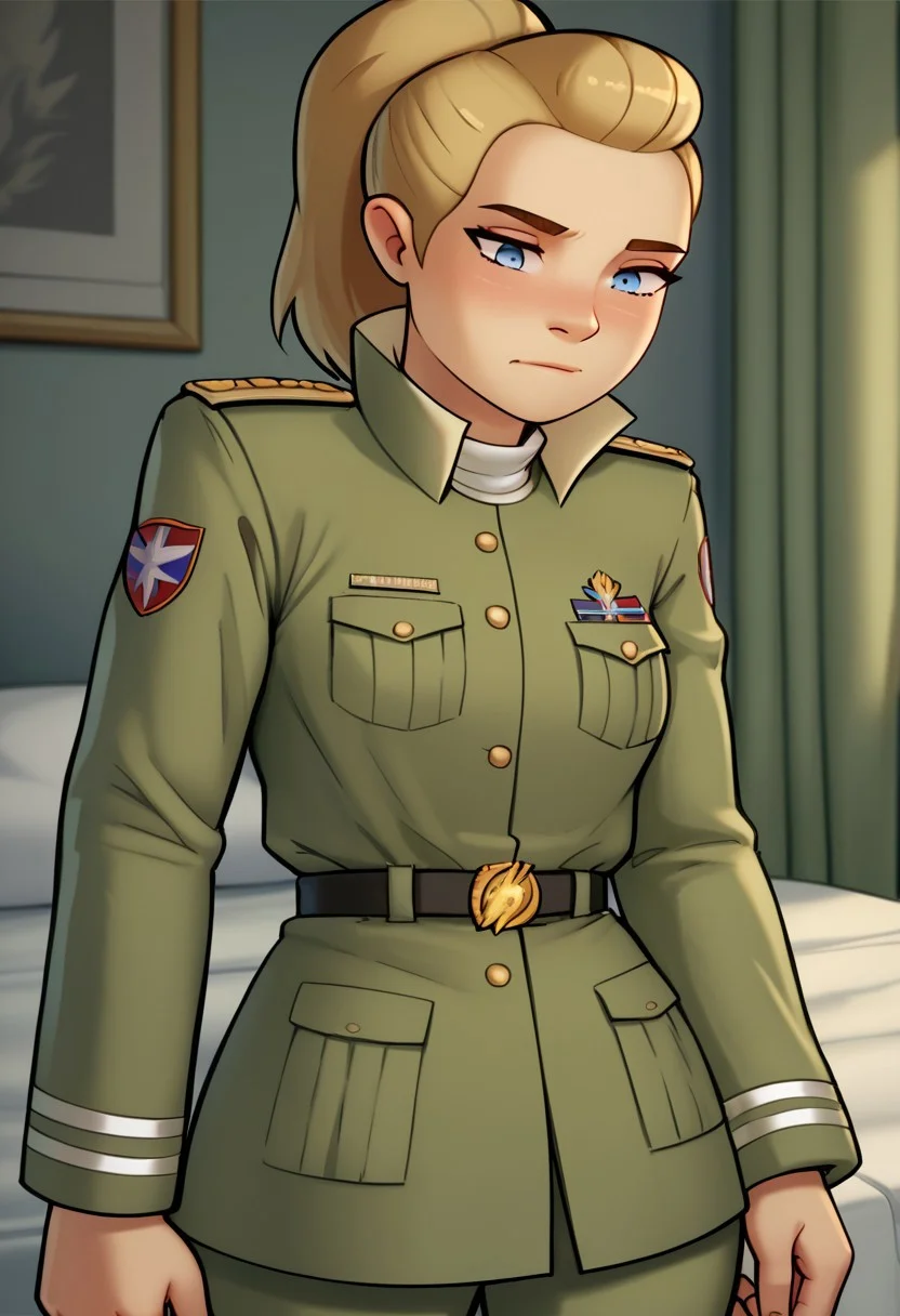 score_9, Score_8, relatedguy, solo, 1girl, CHAdora, military_uniform, brightmoonbedroom