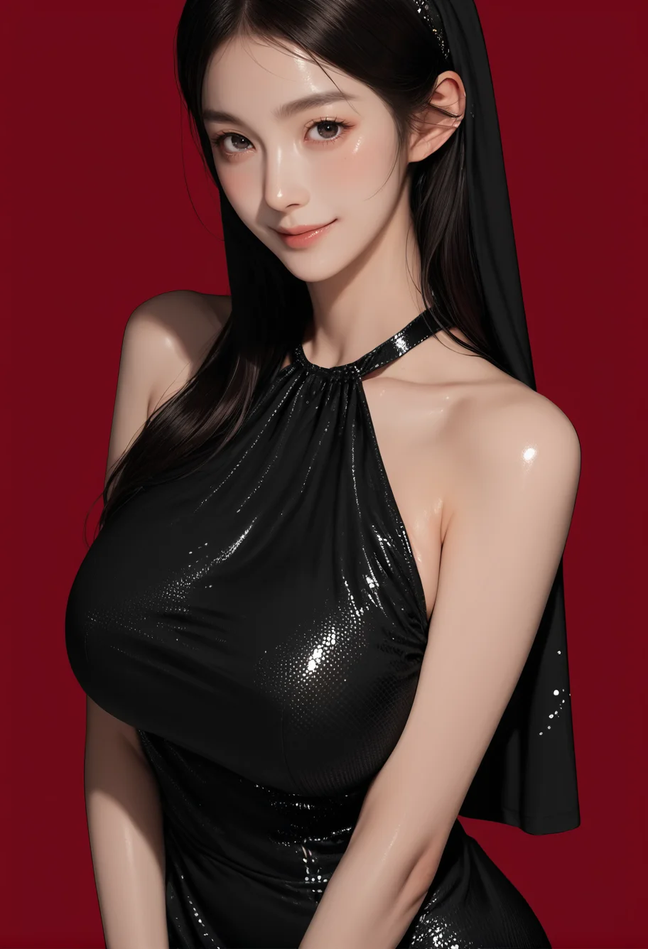 1girl,red background,,ruanyi1011,bare shoulders,black dress,sleeveless dress,jewelry,cowboy shot,standing,shiny clothes,<lora:1011 fashion dress_v1_pony:1>, score_9, score_8_up, score_7_up, score_6_up, score_9, score_8_up, score_7_up, score_6_up source_anime, blush, 1girl, seduce smile, perfect body , natural huge breasts