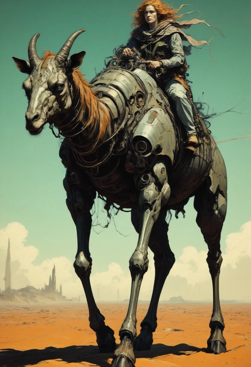 Monochrome with color, the vast expanse of a post-apocalyptic desert stretches to the horizon, the sands glowing faintly in the green light of a dying sun. A colossal mech, shaped like a long-legged giraffe with sleek, alien lines, strides slowly across the dunes. Its legs are impossibly thin but strong, each step creating deep impressions in the sand. Mounted atop its back is a small observation platform where a lone pilot, a rugged cyborg woman, watches the horizon. Her face is weathered but stunning, her bronze skin glowing faintly with embedded circuitry. Her piercing emerald eyes scan the horizon, augmented with targeting displays. She wears a patchwork scarf that billows in the wind, her hand gripping the controls of a massive railgun mounted on the mech’s side. The mech itself is silent except for the soft hiss of hydraulics, and the only sound is the distant howl of the desert wind. Far in the distance, an ancient ruined city shimmers in the heat, a faint promise of shelter in the endless wasteland.