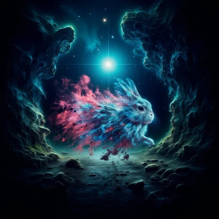 An image of a dystopian jungle at night in Blade Runner style with neon fluorescent dust, a cyberpunk rabbit with reflective skin sits directly centre of image slowly dissolving into space, ral-dissolve.
