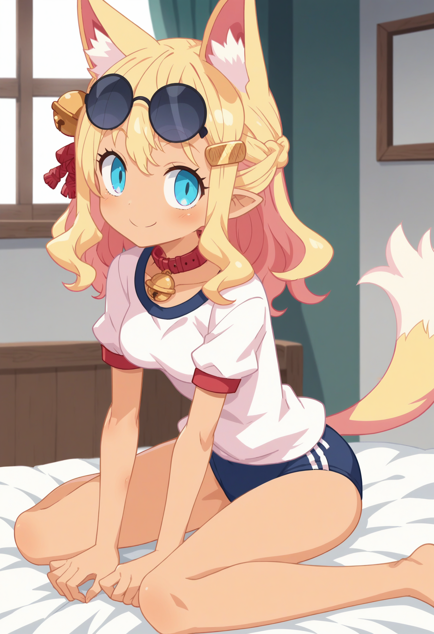score_9, score_8_up, score_7_up, score_6_up, score_5_up, score_4_up , anime coloring ,BREAK source_anime, anime,screencap,
1girl, solo, pirilika, red collar, red hair ribbon, yellow hairclip, fox girl, round eyewear, eyewear on head, neck bell, hair bell, gym uniform, gym shirt, blue buruma, <lora:PonyXL Pirilika V1:0.8>
indoors, sitting on bed,
smile, looking at viewer,