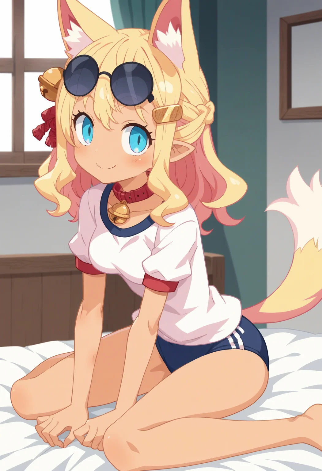 score_9, score_8_up, score_7_up, score_6_up, score_5_up, score_4_up , anime coloring ,BREAK source_anime, anime,screencap,
1girl, solo, pirilika, red collar, red hair ribbon, yellow hairclip, fox girl, round eyewear, eyewear on head, neck bell, hair bell, gym uniform, gym shirt, blue buruma, <lora:PonyXL Pirilika V1:0.8>
indoors, sitting on bed,
smile, looking at viewer,
