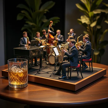 A miniature diorama of a big band playing on a stage next to a glass of whiskey with ice. 17 members in matching suits sit on the stepped stage. 4 trumpets, 4 trombones, 5 saxophones, piano, bass, drums, guitar. A supreme artistic moment where everyone is immersed in the joy of sound. A magical night, a conductor, <lora:Flux.1_Turbo_Detailer:0.7>, <lora:Diorama_Flux:0.9>