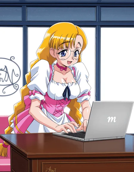 <lora:viper-gtb-000015:1> 1girl, k4r1n, round eyewear, waitress
solo, happy, laptop, typing, desk