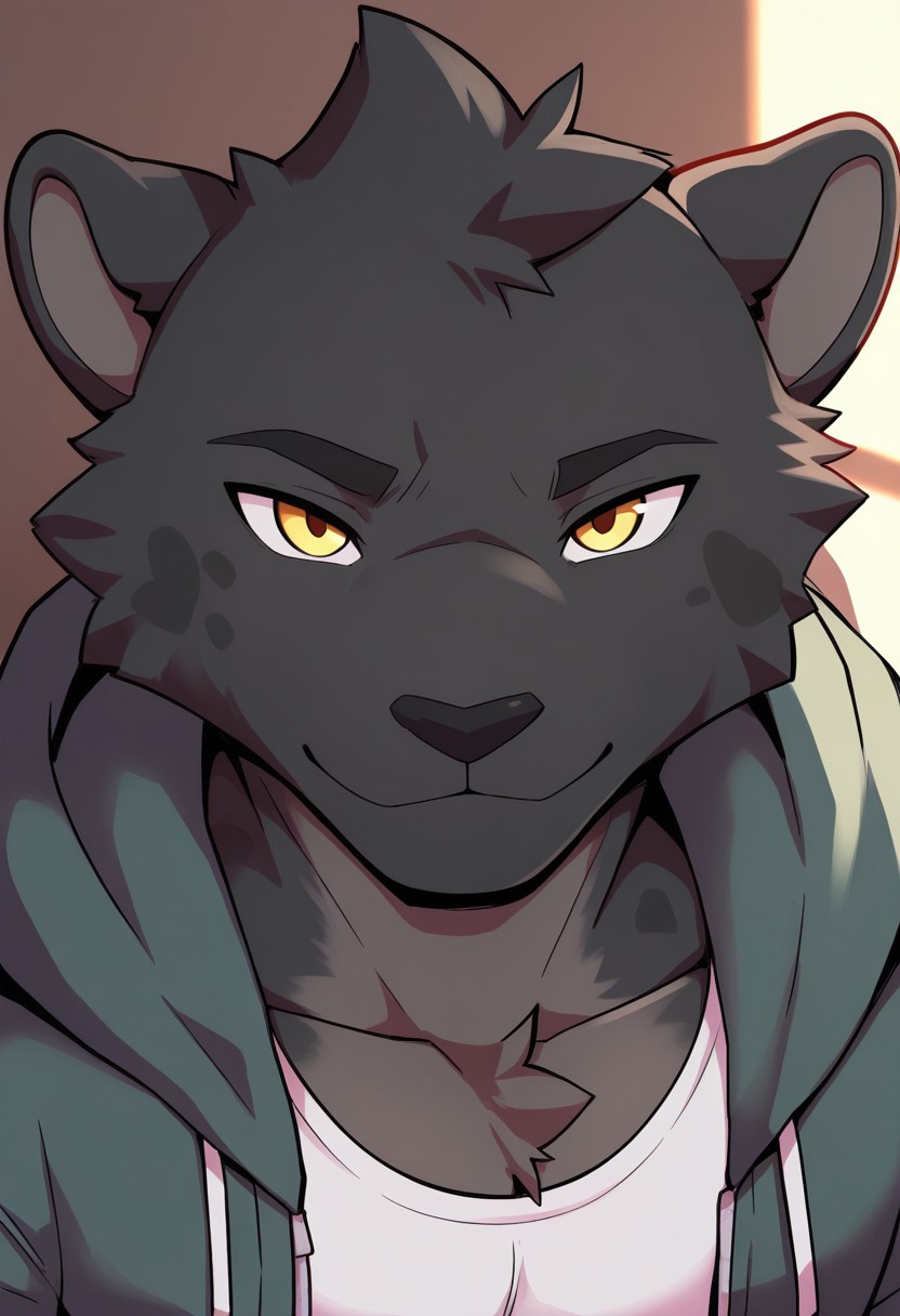 devon, black leopard, solo, smile, yellow eyes, muscular, furry, dynamic angle, face focus, portrait, white tank top, green hoodie, open jacket, denim, BREAK masterpiece, best quality, amazing quality, very aesthetic, high resolution, 4K, extremely-detailed, depth of field, separate focus, newest, detailed background, beautiful, cinematic lighting, snowy