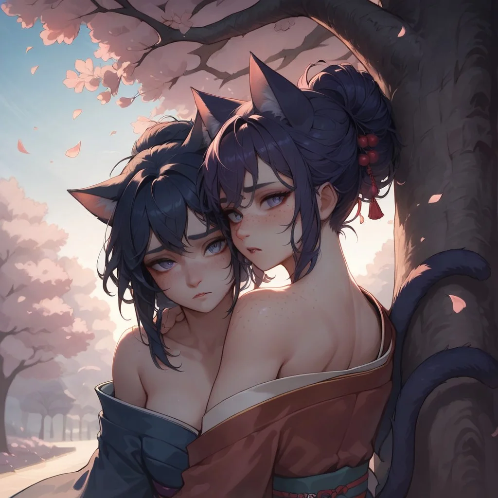score_9, score_8_up, score_8,
high detail,
25 year old catgirl, cat ears, cat tail, freckles, japanese kimono,
Look over the shoulder.
mouth slightly open
back
Kimono,
cuddels against tree
arms around tree
one shoulder free, other shoulder covered behind, looking at viewer, shy look
cherry blossom park, night, moonlight