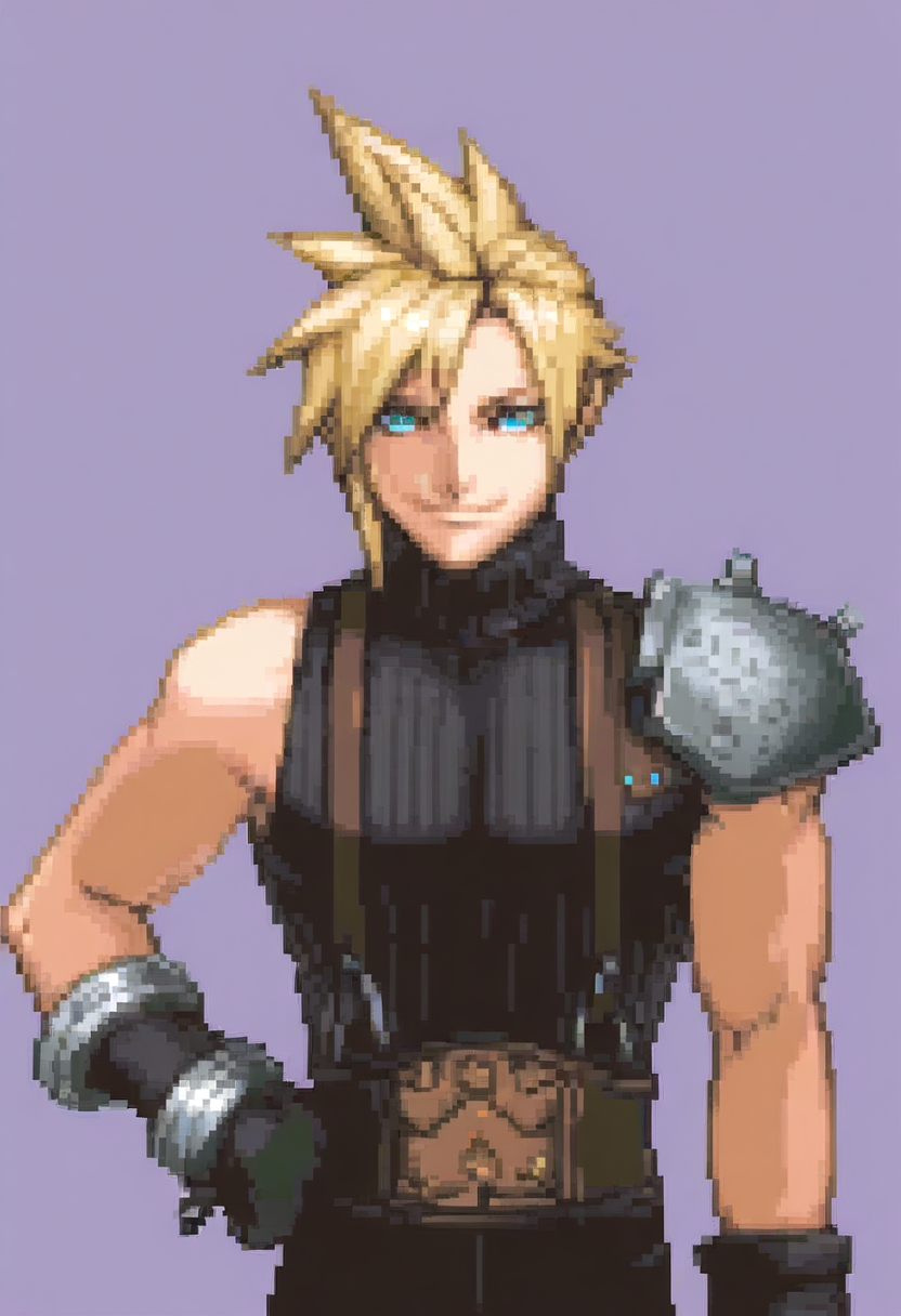 masterpiece, best quality, solo, looking at viewer, 1boy, <lora:Ace-Attorney-Portraits-illus_Fp:1>, portrait, upper body, pixel art, simple background, cloud strife, smile, hand on own hip,