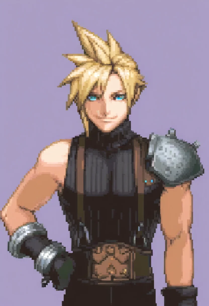 masterpiece, best quality, solo, looking at viewer, 1boy, <lora:Ace-Attorney-Portraits-illus_Fp:1>, portrait, upper body, pixel art, simple background, cloud strife, smile, hand on own hip,