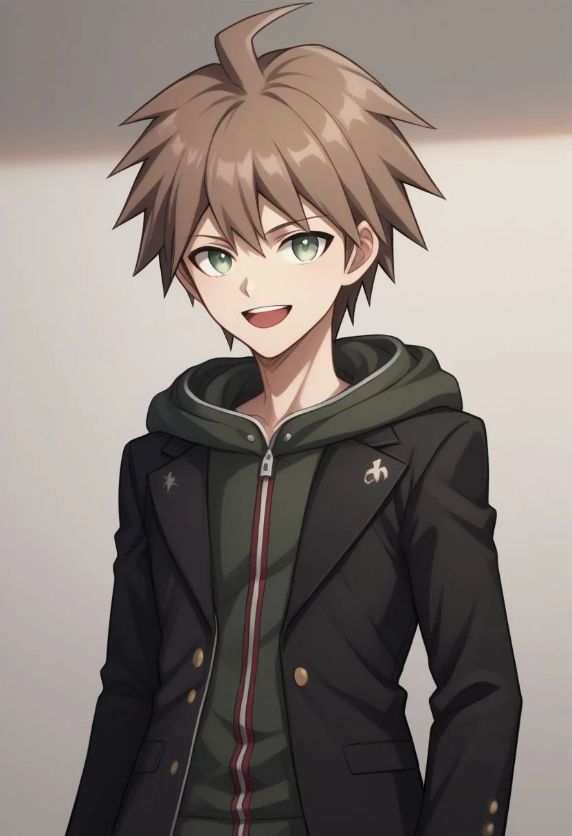 score_9, score_8_up, source_anime, highly detailed, 1boy, solo, skinny,
makoto, 1boy, solo, hood, male focus, hoodie, brown hair, open mouth, jacket, ahoge,
smile, short hair, bangs, teeth, long sleeves, black jacket, hood down,
indoor,