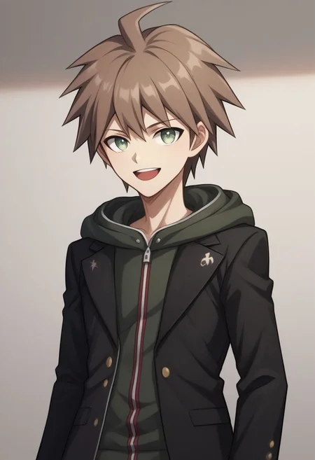 score_9, score_8_up, source_anime, highly detailed, 1boy, solo, skinny,
makoto, 1boy, solo, hood, male focus, hoodie, brown hair, open mouth, jacket, ahoge,
smile, short hair, bangs, teeth, long sleeves, black jacket, hood down,
indoor,