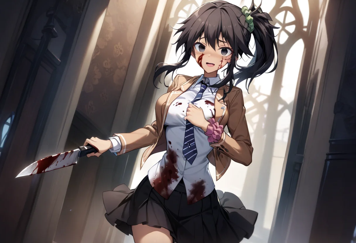 1girl, yuzuri\(memories off 8\), solo, brown hair, black eyes, ponytail, one side up, indoors, church, standing, kaioka brown blazer school uniform, black pleated skirt, blue striped necktie, pink wrist scrunchie, green hairscrunchie, crazy smile, :d, empty eyes, holding knife, (blood on face, blood on clothes, blood on knife:1.2), looking at viewer, masterpiece, best quality, very aesthetic, absurdres, highres, 4k, 8k, intricate detail, cinematic lighting, wallpaper, <lora:aesthetic_anime_v1s:1>, <lora:yuzuri-1.3:1>