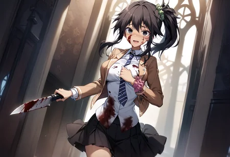 1girl, yuzuri\(memories off 8\), solo, brown hair, black eyes, ponytail, one side up, indoors, church, standing, kaioka brown blazer school uniform, black pleated skirt, blue striped necktie, pink wrist scrunchie, green hairscrunchie, crazy smile, :d, empty eyes, holding knife, (blood on face, blood on clothes, blood on knife:1.2), looking at viewer, masterpiece, best quality, very aesthetic, absurdres, highres, 4k, 8k, intricate detail, cinematic lighting, wallpaper, <lora:aesthetic_anime_v1s:1>, <lora:yuzuri-1.3:1>