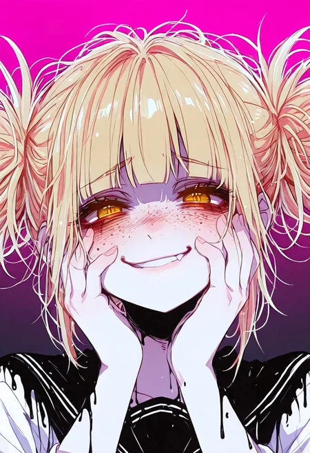 1girl, solo, face focus,
Himiko Toga, twinbuns, messy hair, blonde, portrait,
freckles, gold eyes,
beautiful eyes, detailed face,
looking at viewer,
dynamic composition,
yandere expression, sadistic smirk,
hands on face,

gradient background,

anime style, anime, pastel_colors,
ink art, line art, xxx667_illu, artist:moriimee,