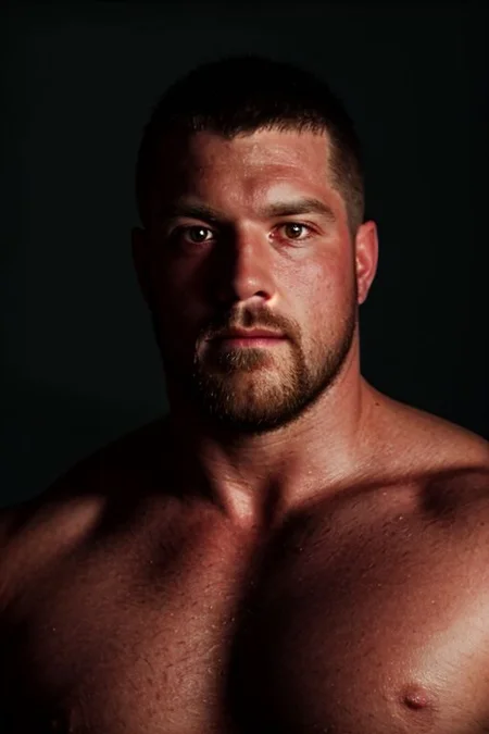 breathtaking close up portrait of musclebearbaker, masterpiece, award-winning, professional, highly detailed, Rembrandt lighting, low key lighting, muscular, handsome, dramatic light from front