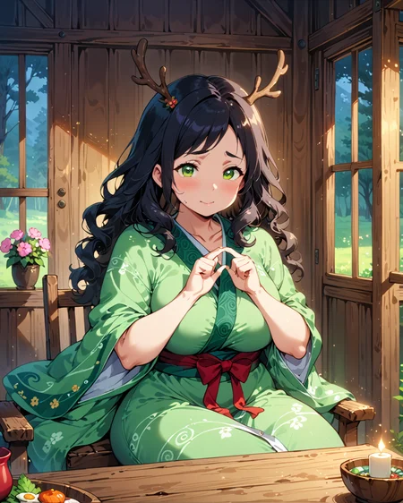 score_9, score_8_up, score_7_up, score_6_up, source_anime, rating_safe, ah1, 1girl, (curly hair), long hair, (black hair), mature female, (parted hair:1.7), (round face), (no_bangs:1.3), (no_fringe:1.6), looking at viewer, (thick eyebrows), (curvy), round-chin, (greenish hazel eyes), caucasian, (downturned eyes), <lora:ETO_OCPonyXL:0.5> eto_oc, skindentation, plump, thick thighs, wide hips, busty, voluptuous, kinky curls, lips, bad-hands-5, (shocker (gesture)), (outer space Carved symbols on the silk robe), (in forest Lodge, A charming cabin with a wraparound porch, a porch swing overlooking a meadow, a wooden rocking chair beside the front door, a rustic dining table set with wildflower centerpieces, a hearth adorned with antlers), ((Lonely, Sad because one has no friends or company expression)), <lora:venus body PonyXL:0.8>, <lora:xl_more_art-full_v1:0.4>, <lora:shinyskin2:0.3> glistening skin, <lora:aesthetic_anime_v1s:0.4>, <lora:Expressive_H:0.4> Expressiveh, <lora:hairdetailpxl:0.4> hairdetailpxl, <lora:EpicF4nta5yXL:0.4>, <lora:detailxl:0.4> detailxl, <lora:Fant5yP0ny:0.4>, best quality, amazing quality, best aesthetic, absurdres, <lora:expressive eyes:0.4> expressive eyes, (Low-Key Lighting shot), <lora:eyedetailpxl:0.4> eyedetailpxl,