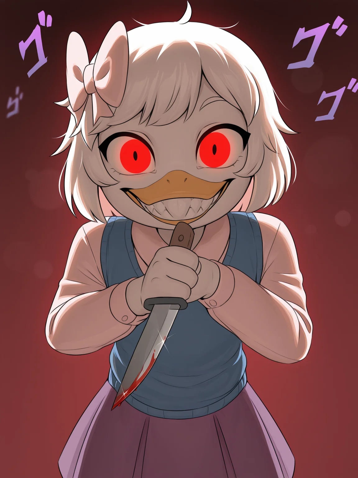 (masterpiece, best quality, very aesthetic, artist:riska, absurdres, shaded, backlighting, red background, backlighting, shadow) 1girl, female, duck, anthro, white body, avian, pose, (menacing \(jojo\), menacing \(meme\), japanese text, evil_eyes, glowing_eyes, eye trail, close-up:1.4), pink dress shirt, evil smile, clenched teeth, blue vest, purple skirt, hair bow, pink bow, (young, short:1.3) solo, white hair, short hair, looking at viewer, blood stain, beak, narrowed eyes, squint, holding knife, finger on blade, glint, lens flare <lora:Webby_Vanderquack:1> <lora:Riska_Style_Ill:1>