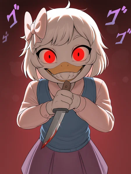 (masterpiece, best quality, very aesthetic, artist:riska, absurdres, shaded, backlighting, red background, backlighting, shadow) 1girl, female, duck, anthro, white body, avian, pose, (menacing \(jojo\), menacing \(meme\), japanese text, evil_eyes, glowing_eyes, eye trail, close-up:1.4), pink dress shirt, evil smile, clenched teeth, blue vest, purple skirt, hair bow, pink bow, (young, short:1.3) solo, white hair, short hair, looking at viewer, blood stain, beak, narrowed eyes, squint, holding knife, finger on blade, glint, lens flare <lora:Webby_Vanderquack:1> <lora:Riska_Style_Ill:1>
