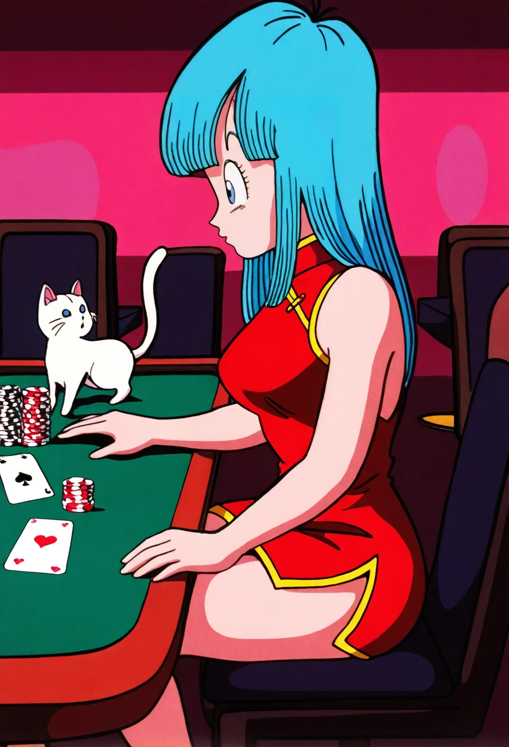 masterpiece,best quality, amazing quality, very aesthetic,absurdres,leold style, 1girl,1other,maron, aqua hair, blue eyes,, blunt bangs, playing card,poker table, casino, white cat, red china dress, bare shoulders,sitting,chair, indoors,from side,solo,side slit,yellow trim,medium breasts, <lora:MaronIllus:1>