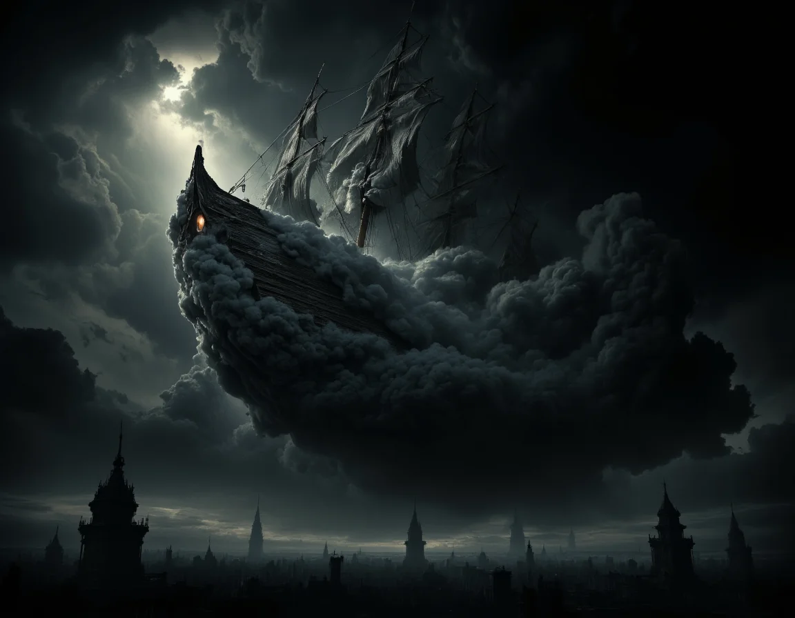 <lora:{moody, }Moody-000019:0.85> moody, A hauntingly beautiful, photorealistic image of a majestic ship crafted entirely from dark, foreboding clouds, suspended eerily in mid-air, as if defying gravity. The clouds are dense and thick, with intricate, swirling patterns that resemble the intricate details of a wooden ship, complete with billowing sails and a sturdy hull. The ship's surface is textured, with visible, puffy cloud formations that evoke a sense of ethereal wonder. The atmosphere is heavy with foreboding, the clouds a deep, ominous grey that seems to absorb the light around it, casting long, ominous shadows across the surrounding air. The lighting is dim, with an otherworldly glow emanating from within the clouds, casting an ethereal luminescence across the ship's surface. The background is a deep, inky blackness, punctuated only by the faint, glowing outlines of distant, unseen structures. The shot is a wide-angle, cinematic view, capturing the ship's imposing presence and the eerie, dreamlike quality of its surroundings. The image is rendered in stunning 4k resolution, with meticulous attention to detail and texture, inviting the viewer to step into the haunting, mystical world of the cloud ship. The overall mood is one of moody, eerie enchantment, as if the ship is a harbinger of secrets and mysteries from beyond the veil of reality. . 35mm photograph, film, bokeh, professional, 4k, highly detailed