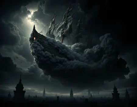 <lora:{moody, }Moody-000019:0.85> moody, A hauntingly beautiful, photorealistic image of a majestic ship crafted entirely from dark, foreboding clouds, suspended eerily in mid-air, as if defying gravity. The clouds are dense and thick, with intricate, swirling patterns that resemble the intricate details of a wooden ship, complete with billowing sails and a sturdy hull. The ship's surface is textured, with visible, puffy cloud formations that evoke a sense of ethereal wonder. The atmosphere is heavy with foreboding, the clouds a deep, ominous grey that seems to absorb the light around it, casting long, ominous shadows across the surrounding air. The lighting is dim, with an otherworldly glow emanating from within the clouds, casting an ethereal luminescence across the ship's surface. The background is a deep, inky blackness, punctuated only by the faint, glowing outlines of distant, unseen structures. The shot is a wide-angle, cinematic view, capturing the ship's imposing presence and the eerie, dreamlike quality of its surroundings. The image is rendered in stunning 4k resolution, with meticulous attention to detail and texture, inviting the viewer to step into the haunting, mystical world of the cloud ship. The overall mood is one of moody, eerie enchantment, as if the ship is a harbinger of secrets and mysteries from beyond the veil of reality. . 35mm photograph, film, bokeh, professional, 4k, highly detailed