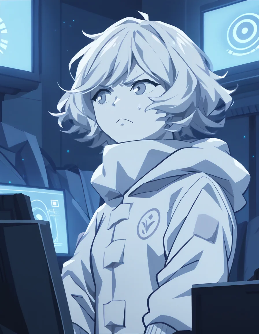 score_9,score_8_up,score_7_up,lamiya,anotherstyle,1girl,solo,hood,monochrome,hood up,short hair,closed mouth,frown,monitor,blue theme,bangs,jacket,upper body,<lora:lamiya_pony:0.75>,<lora:Anime_Screencap:1>,anime screencap,