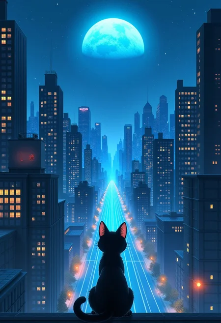 High quality, high resolution, high definition,
A magical city with faint neon lights on the skyscrapers, a planet emitting blue light, with the view from behind a cat looking down at the city, anime style