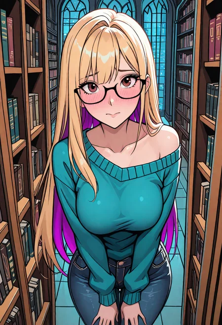 masterpiece, best quality, (stylized, very aesthetic:1.2), (anime:1.2), in the style of cknc, Paradise, DISNEY_ANIMATION, perfect body, perfect eyes, extremely detailed eyes and face, 1girl, long hair, ((straight hair)), ((purple highlights in hair, blonde hair)), brown eyes, black eyeliner, medium breasts, saggy breasts, black glasses, thick glasses, looking at viewer, indoors, nerdy, night, library, shy expression, cute pose, (teal sweater, jeans), slightly flustered expression, blushing cheeks, above view, standing, off shoulder, <lora:Disney_Animation_v5-V7:0.45> <lora:Paradiso_-_Illus_x_Niji Remix:1.2> <lora:ck-nc-cyberpunk-IL:0.3>