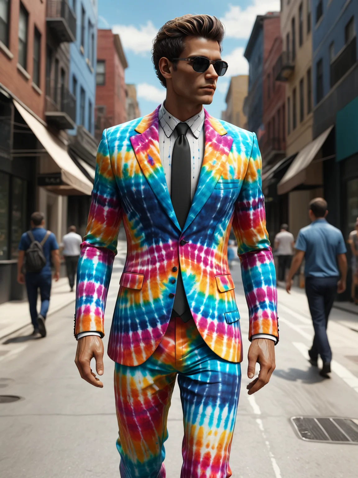 man wearing a mad-tiedye suit walking through city <lora:Colorful_Tie-Dye_SDXL:0.8>, (masterpiece:1.2), best quality, (hyperdetailed, highest detailed:1.2), high resolution textures