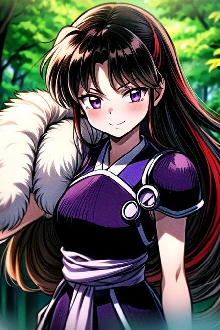 masterpiece, best quality 1girl Setsun4 solo long hair, (night time) forest background black hair very long hair purple eyes multicolored hair armor (fur trim) (medium body),<lora:EMS-179-EMS:0.800000>,<lora:EMS-293862-EMS:0.800000> bow, hair_bow, hair_tubes, red_bow, brown_hair, long_hair, bangs, ascot, frilled_bow, yellow_ascot, blush, smile, hair_between_eyes, athletic, armor, miko