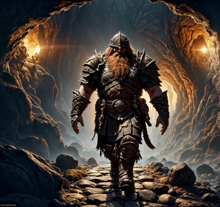 RAW photo, (masterpiece:1.3), subsurface scattering, heavy shadow, (high quality:1.4), (intricate, high detail:1.2), professional photography, HDR, High Dynamic Range, realistic, ultra realistic, photorealistic, high resolution, film photography, ambient lighting, atmospheric effects, <lora:detail_slider_v4:2>, OverallDetail, a dwarven warrior in intricate armor, walking on a stone bridge in a huge underground cave, dwarven mine, Moria, <lora:Bridge:0.65>, dwarfwarrior, <lora:DwarfWarrior:0.4>, looking at viewer, epiCPhoto