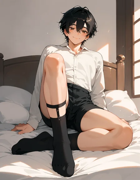 <lora:AFAE:1> (full body:1.4)
score_8_up, score_7_up, score_6_up, source_anime, 1boy, solo, bedroom, on bed, from below, thigh focus
smile, bishounen, black hair, hair between eyes,
sock garter , black socks,
black shorts, white shirt, collared shirt <lora:Sock_Garter:1>