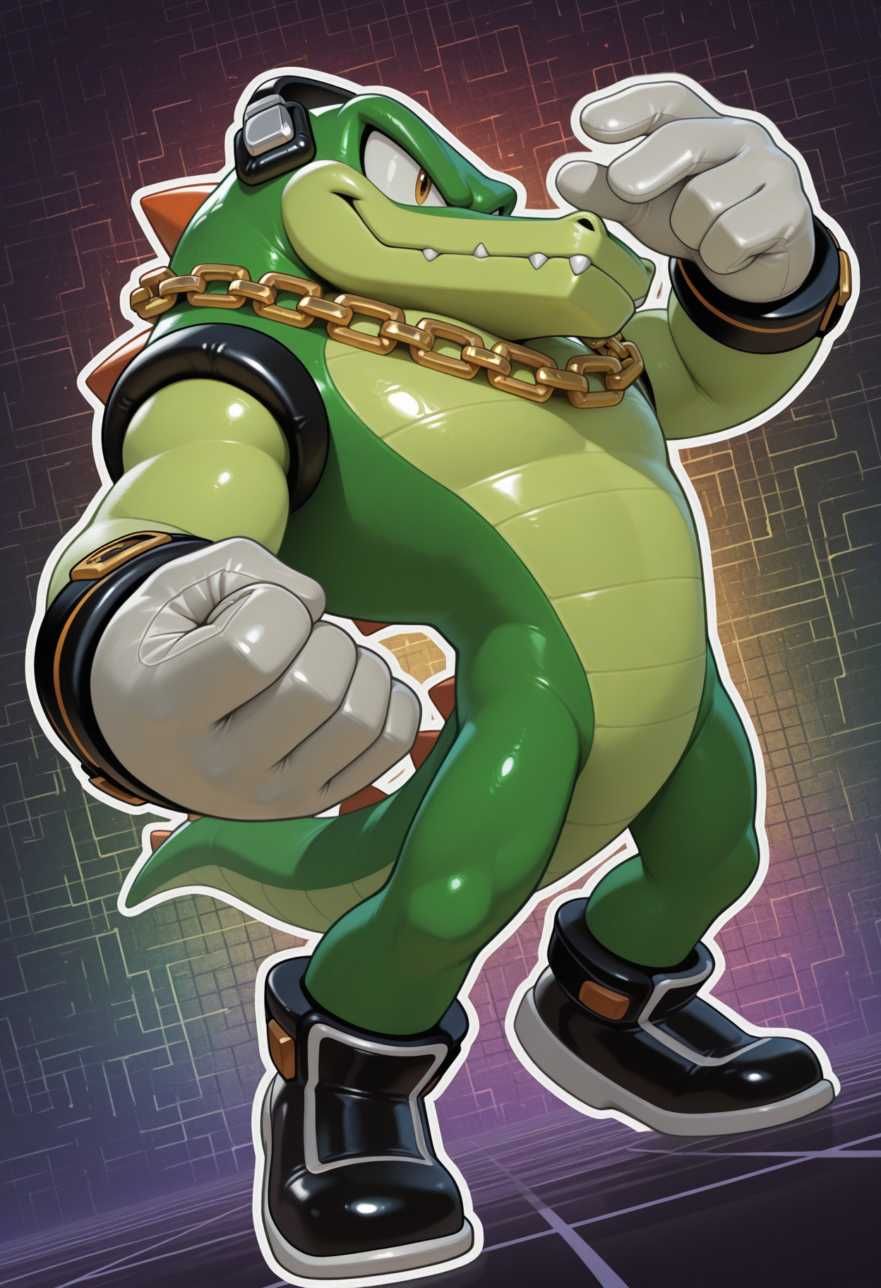 1boy, solo, sega, vector the crocodile, two-tone body, chain necklace, headphones, white gloves, jewelry, shoes, alligator, dutch angle, abstract background, multicolored background, white outline, official art, dynamic,
perfect anatomy, masterpiece, perfect quality, best quality, detailed, newest, very aesthetic