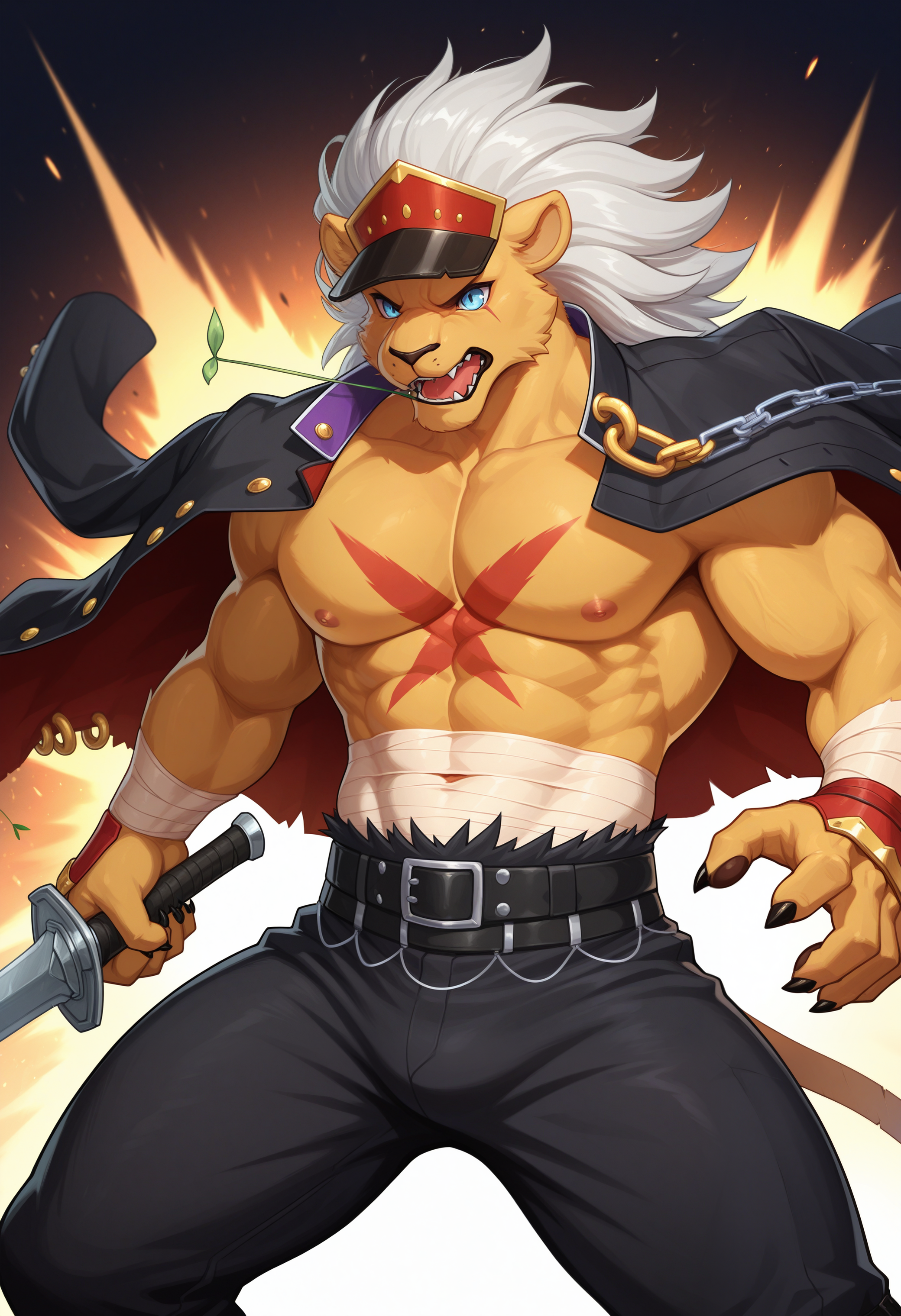 masterpiece,best quality,amazing quality, 1boy, solo, b4nch0, lion boy, bandages, belt, black pants, hat, jacket on shoulder, stalk in mouth, attack, short_sword, cowboy_shot, 