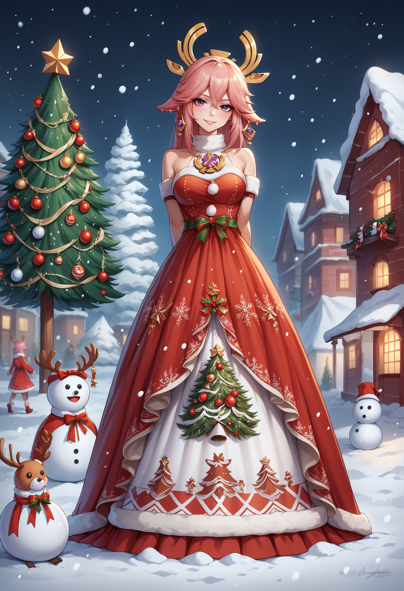 score_9, score_8_up, score_7_up, source_anime, <lora:wrenchsjoyfuljinglepdxl:1.0>,wrenchsjoyfuljingle, fur-trimmed dress,  yae miko, light smile, hands behind back, christmas trees, snow, snowing, outside, snowman,
