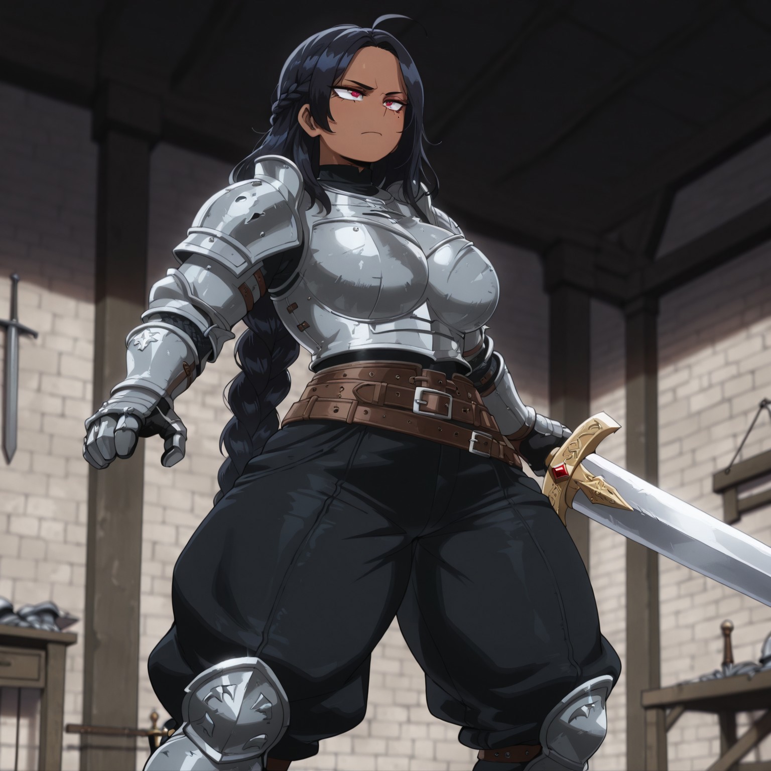 masterpiece,best quality,amazing quality, absurdres,  
1woman, solo), deep red eyes, very long hair, black hair, (braid), mole under right eye, (dark skin:1.5), big butt, (large breasts:1.7), (thick thighs:1.5), (muscular:1.2), amazing abs, curvy, busty, fit, shiny skin, glistering skin, serious, focused, (knight), black clothing, black turtleneck,(grey armor), (black baggy pants:1.5), (oversized pants:1.3), belt, shoulder pads, chestplate, breastplate, gauntlets, sabaton boots, swinging huge long sword, training, dueling room, medieval, medieval fantasy, BokunoHeroStyle