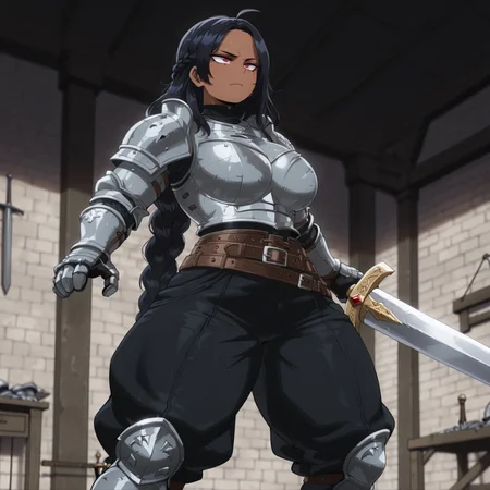 masterpiece,best quality,amazing quality, absurdres,
1woman, solo), deep red eyes, very long hair, black hair, (braid), mole under right eye, (dark skin:1.5), big butt, (large breasts:1.7), (thick thighs:1.5), (muscular:1.2), amazing abs, curvy, busty, fit, shiny skin, glistering skin, serious, focused, (knight), black clothing, black turtleneck,(grey armor), (black baggy pants:1.5), (oversized pants:1.3), belt, shoulder pads, chestplate, breastplate, gauntlets, sabaton boots, swinging huge long sword, training, dueling room, medieval, medieval fantasy, BokunoHeroStyle