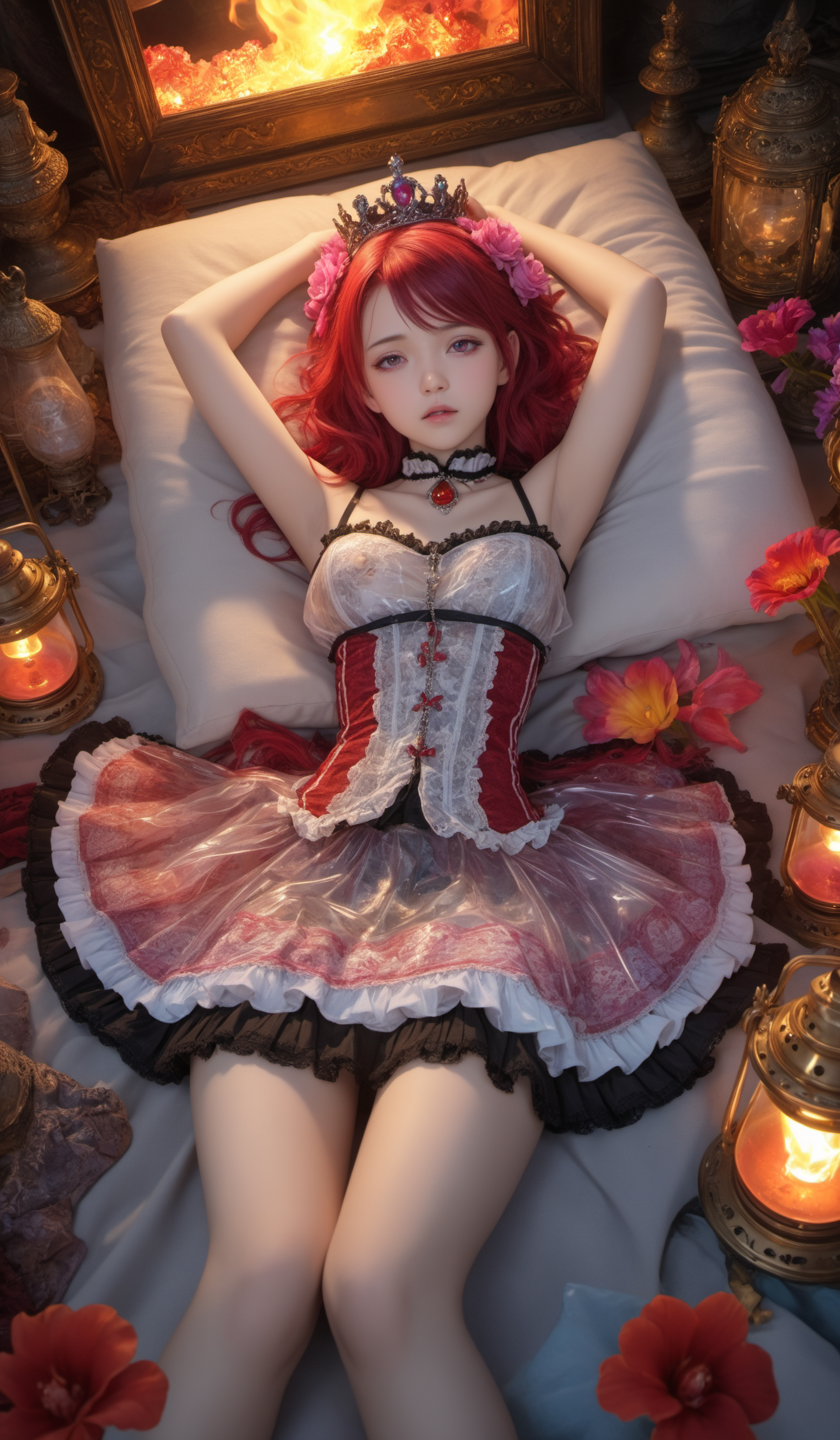 (Best quality,masterpiece,absurdres,ultra realistic:1.4),(Rococo:1.4),(close portrait:1.3),peerlessly beautiful idolmaster ,beautiful detailed eyes,(see-through_clothing),shine,glowing,sparkling,energy coalescing and vibrating,(dynamic angle,dynamic pose),whole_body,Lying down,shy ,sad,disdainful ,Around,sex,nsfw, topless, nude,
gothic_lolita,wearing see-through china_dress,(((miniskirt))),
(argyle    ruby red),(polished very slightly included (vs1) citrine, cushion cut, crown facets, 40.00 carat, chromatic,    glimmery, iron, scratch-resistant, hard-wearing, bleaching, gypsy setting, natural, hard to find, glamorous, old world, personal growth),(programmed,archaic,disintegrating,dogmatic,interdimensional,glum,sports),(extraterrestrial archaeology institute, aluminum,Onyx stone,polycarbonate roofing roof,timber, Moonlight,Oil Lamps, security lighting),
(Around floating colorful flame:1.4)the most beautiful form of chaos,
(rectangle:1.4),(colorful flowers:1.4),