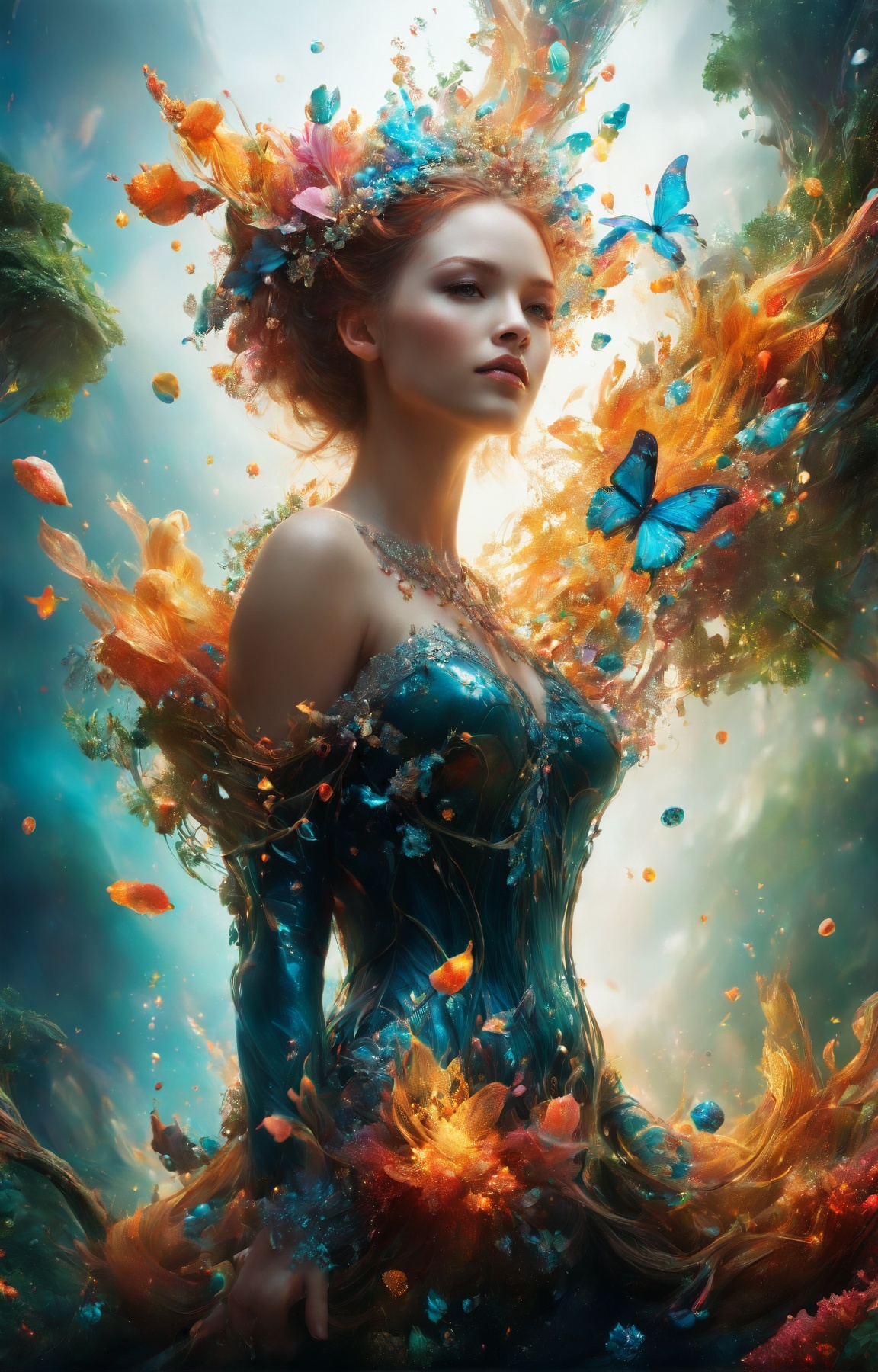 triadic colors, midriff, solo, realistic, photorealistic, best quality, masterpiece, ultra high res, finely detailed, quality, realistic lighting, detailed skin, intricate details, raw photo, absurdres, highres, ultra detailed in the style of betmd, mythical, sakura petals, her detailed face, stunning beauty, detailed skin, skin texture, skin pores, (freckles:1.05),  looking down, (tropical jungle theme:1.1) forest ranger, light smile, kneeling on one knee, medieval fantasy setting, high fantasy, gray  leather clothes, cape,   pouch, straps,  enchanted forest, bushes,   rocks,    moss,  ferns,  (butterflies:0.9),    crossbow, rain,  <lora:betmd:0.9> BREAK gorgeous makeup, stunning beauty, detailed skin, skin texture, skin pores, (freckles:1.15) BREAK (reflection, refraction, Rembrandt lighting, diffuse lighting, radiosity, photon mapping, subsurface scattering, atmospheric lighting, dynamic lighting, Multi-exposure HDR capture, Screen Space Global Illumination, Ray Tracing, Lumen Reflections, Tone Mapping, volumetric lighting, Circular polarizer, broad lighting, dramatic lighting, moody lighting:1.3), (explosive light and shadow, lens flare, light particle, lens glare, light particles, Luminescent Particles, floating particles, particles:1.2), (depth of field, blurry foreground, sharp focus, perspective, aerial perspective, film grain, film:1.4), (colorful refraction, iridescent colors, Iridescence:1.1), (dark studio, rim lighting, two tone lighting, dimly lit, low key, rim light, dark theme), watercolor style, soft blending, dreamy washes, delicate textures, brilliant colors, action painting, gestural marks, dynamic brushwork, expressive motion, spontaneous technique, abstract expressionism, energetic compositions, action pose, vibrant glow, dynamic colors, reflective surfaces, Overdetailed art, Water color painting, (atmosphere, Cosy, Peaceful, Hopeful:1.1), (Glowing ambiance, enchanting radiance, luminous lighting, ethereal atmosphere, mesmerizing glow, evocative hues, captivating coloration, enchanting aura, melanchonic soft light:1.1), official art, beautiful and aesthetic, beautiful, (zentangle, mandala, tangle, entangle), (ecstasy of flower:1.1), the most beautiful form of chaos, elegant, a brutalist designed, vivid colours, romanticism, atmospheric, warm tone, soft light, (fractal art) BREAK delicate, Ultrarealistic, drawing, Detailed illustration, extremely detailed CG Unity 8k wallpaper, cinematic, dramatic, PBR Texturing, huge filesize, 8k uhd, octane render, unreal engine 5 <lora:xl_more_art-full_v1:0.5>