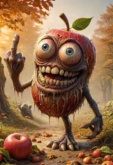 anthromuscular ,cradimerdo crocs,Create an ultra-high definition, photo-realistic image of a charming apple monster middle finger with cute, soulful eyes and soft, moustache. The background should feature a blurred, out-of-focus landscape to emphasize the monster as the main focus of the image. The lighting should be warm and inviting, casting a gentle glow on the monster and highlighting the rich colors of its flesh and clothing. Use a high-resolution camera with a fast shutter speed to capture every detail of the monster and its surroundings, ensuring a crisp, clear image that truly brings the monster to life. camera Nikon Z7 II with 24-70mm f/4 S lens.
<lora:MJ52:0.5> <lora:DetailedEyes_V3:1> <lora:SDXLFaeTastic2400:0.5>   <lora:anthromuscular:0.7> <lora:cradimerdo:0.5>   <lora:middle_finger:1>