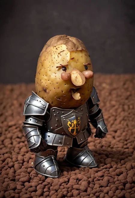 a potato in knights armor, normal potato, cute, scene from game of potato thrones