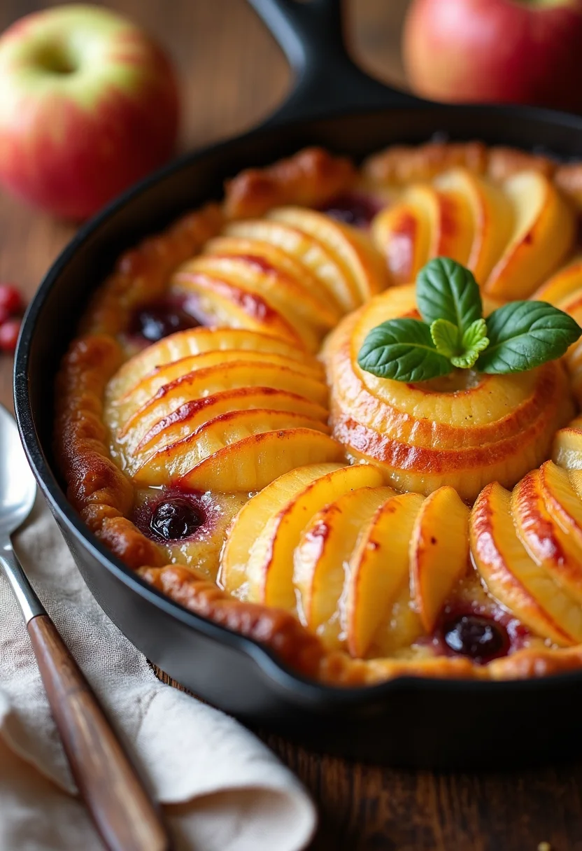 ✏️ Prompt: Amateur cooking enthusiast shares their latest creation on Reddit, a mouthwatering Clafoutis aux Pommes captured with the high-resolution camera of an iPhone 15. The dish is artfully arranged with slices of crisp golden apples nestled in a soft, custard-like batter, surrounded by an assortment of fresh ingredients that promise a delightful blend of flavors.
