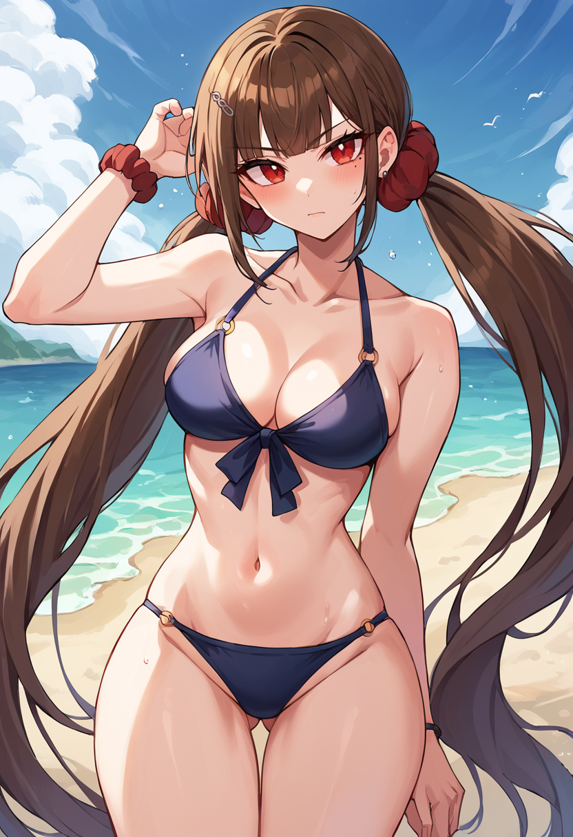 score_9, score_8_up, score_7_up, BREAK  Harumaki, 1girl, low twintails, red eyes, brown hair, mole under eye, hairclip, red scrunchie, bikini, beach,   <lora:MakiV2F-000008:1>