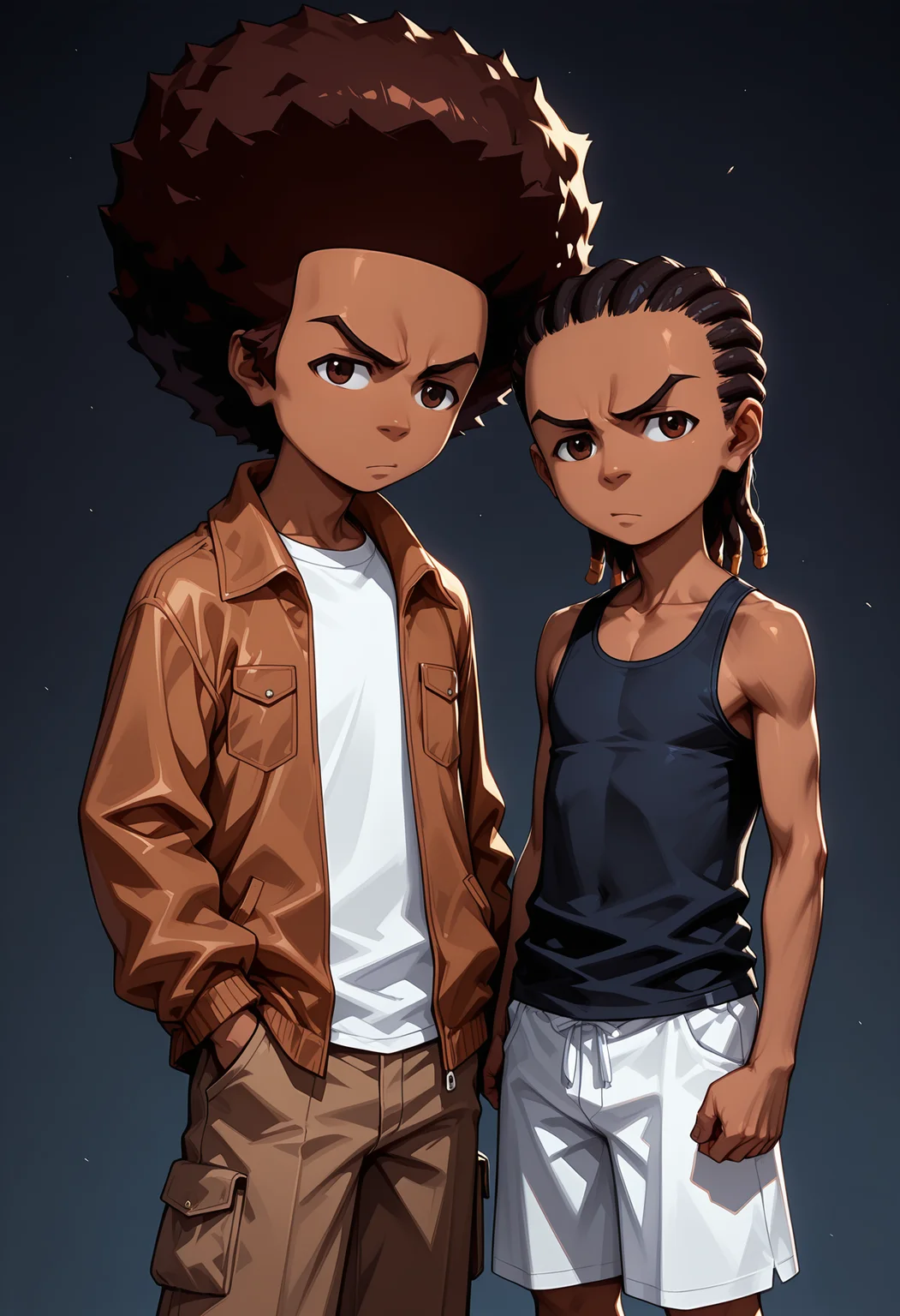 masterpiece, best quality, amazing quality, 2boys, side by side, abstract background <lora:cfg_scale_boost:.6>   <lora:Freeman_Boys_-_The_Boondocks_-_ILXL:1> ADDBASE
male, hueyf, dark skin, brown eyes, afro hair, brown jacket, open jacket, shirt, pants, ADDCOL
male, rileyf, dark skin, brown eyes, dreadlocks, black hair, tank top, shorts