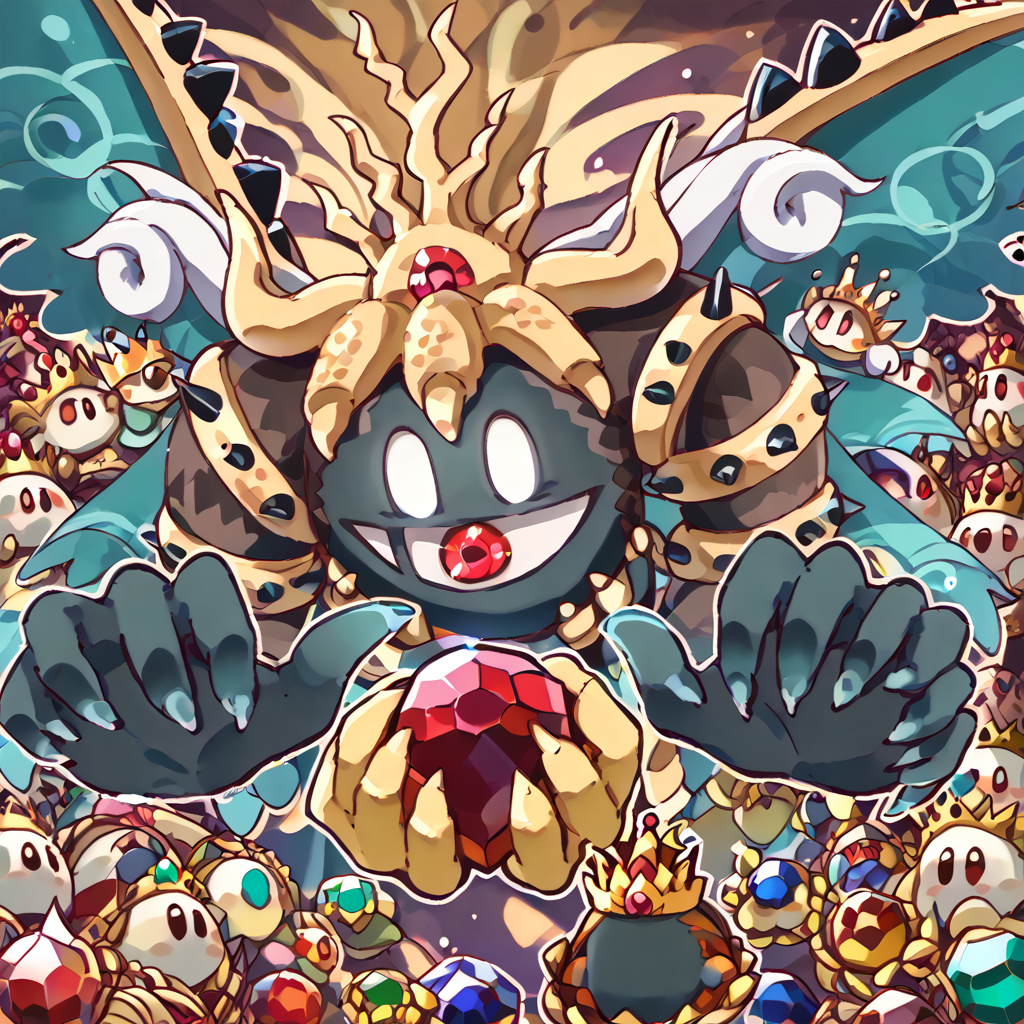 solo, (thick lineart:1)
 <lora:KirbyJP:1>
 <lora:Mahosoul:1> mahosoul, claws, crown, disembodied hand, extra eyes, gem, gold crown, red eyes, red gemstone, solid oval eyes, white eyes, wings, rayman limbs