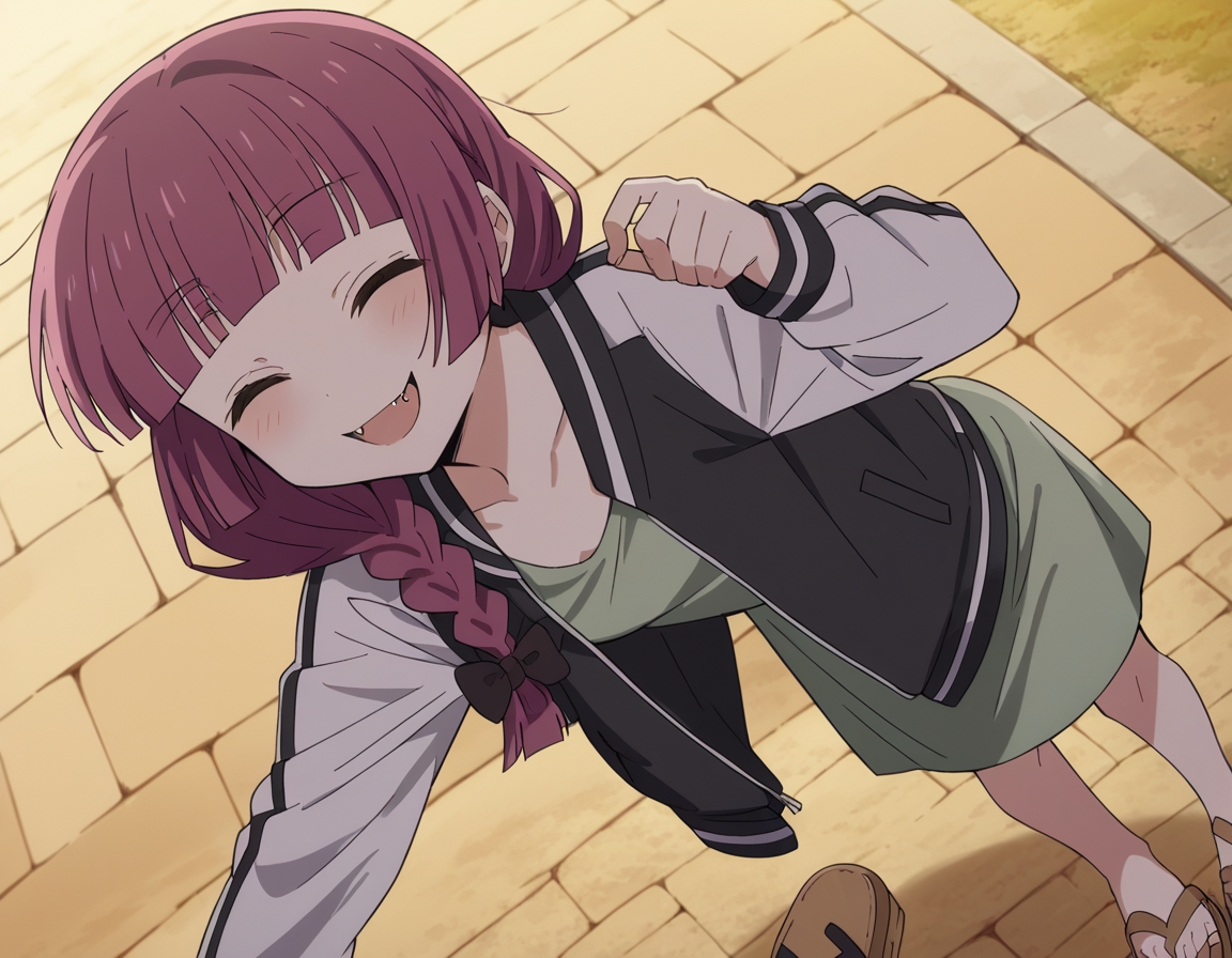 score_9, score_8_up, score_7_up, source_anime,
kikurihiroi, <lora:kikuri-hiroi-s1-ponyxl-lora-nochekaiser:1>,
kikuri hiroi, black bow, blunt bangs, braid, closed eyes, fang, hair bow, hair over shoulder, long hair, purple hair, sidelocks, single braid, fangs,
black jacket, brown footwear, collarbone, dress, green dress, jacket, long sleeves, open clothes, open jacket, raglan sleeves, sandals, white sleeves,
outdoors, street, bent over, smile,
cowboy shot, solo, dutch angle, looking at viewer,