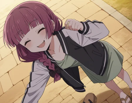 score_9, score_8_up, score_7_up, source_anime,
kikurihiroi, <lora:kikuri-hiroi-s1-ponyxl-lora-nochekaiser:1>,
kikuri hiroi, black bow, blunt bangs, braid, closed eyes, fang, hair bow, hair over shoulder, long hair, purple hair, sidelocks, single braid, fangs,
black jacket, brown footwear, collarbone, dress, green dress, jacket, long sleeves, open clothes, open jacket, raglan sleeves, sandals, white sleeves,
outdoors, street, bent over, smile,
cowboy shot, solo, dutch angle, looking at viewer,