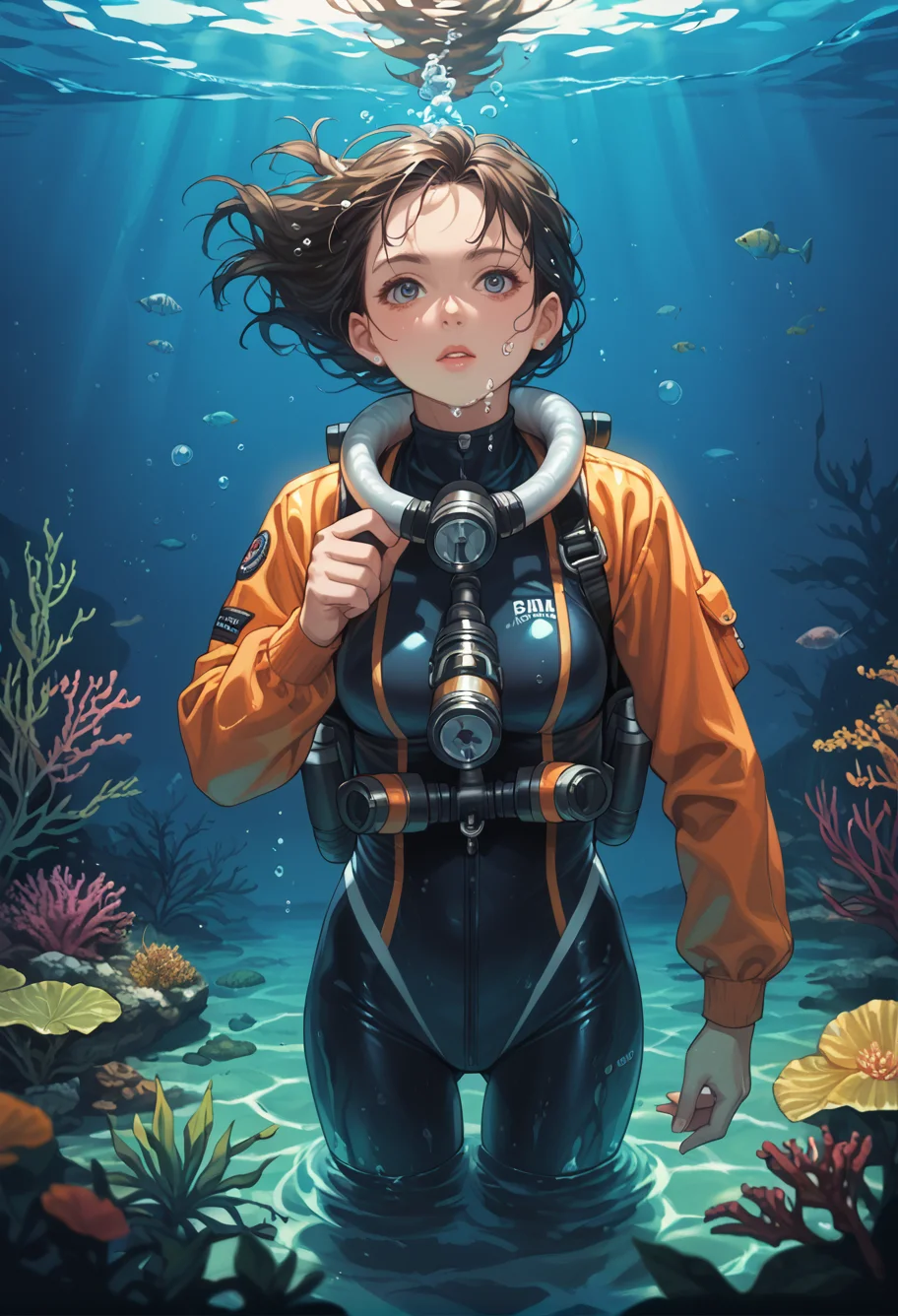 ,ruanyi0778,submerged,underwater,plant,glowing,wetsuit,oxygen mask,oxygen tank,1girl,<lora:0778 submerged_v1_pony:1>, score_9,score_8_up,score_7_up,,8k,1girl,solo,