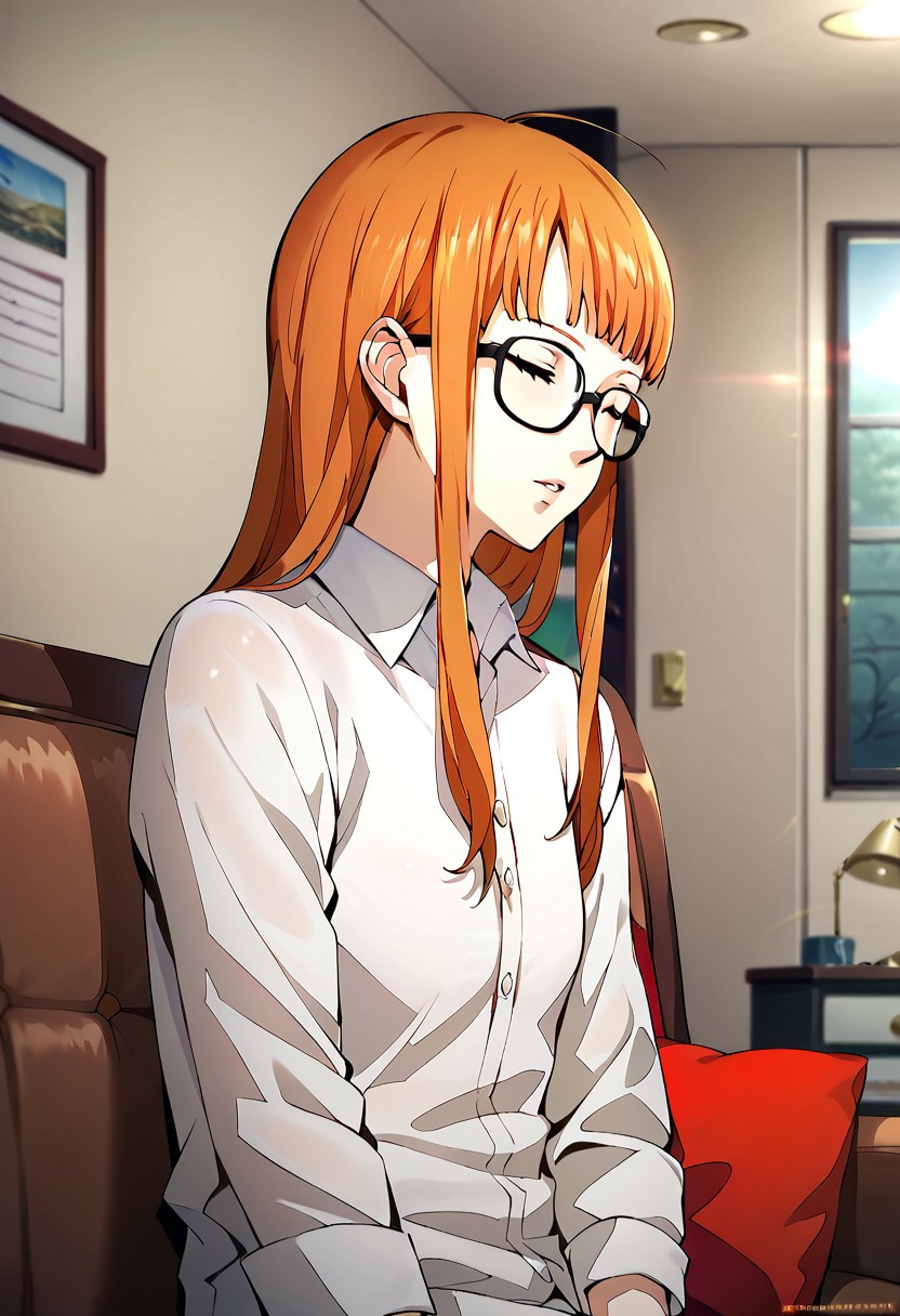 Extreme score_9, score_8_up, score_7_up, score_6_up, score_5_up, score_4_up, high res, absurd res, official art, 4k, perfect anatomy, parody, ((Soejima Shigenori, Official style)), soft lighting, detailed eyes, detailed iris, futaba sakura, sitting on couch, living room, glasses, eyes closed, sleeping, white shirt